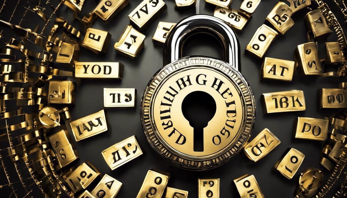 An image illustrating a lock symbol over a keyword password surrounded by alphanumeric characters, symbolizing the importance of protecting passwords for online security.