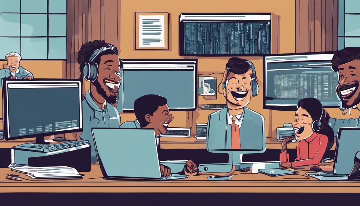 Illustration of people laughing at a computer screen with funny cyber security memes