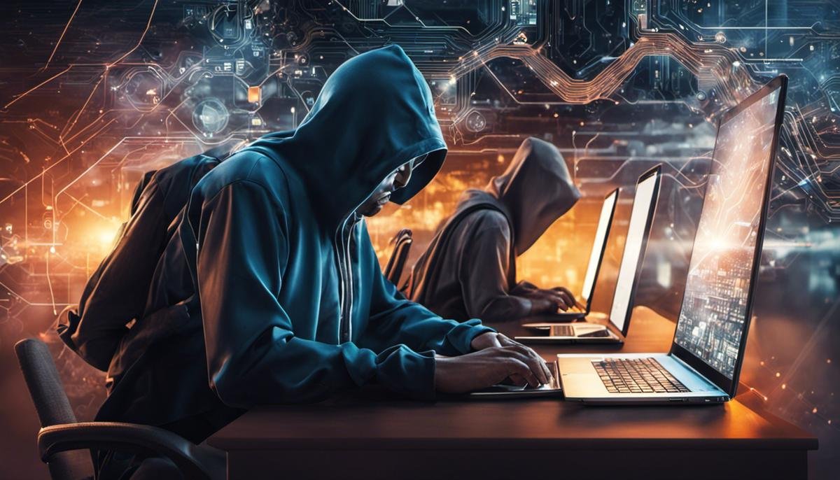 Image of people using laptops and smartphones, representing cyber security memes on the internet.