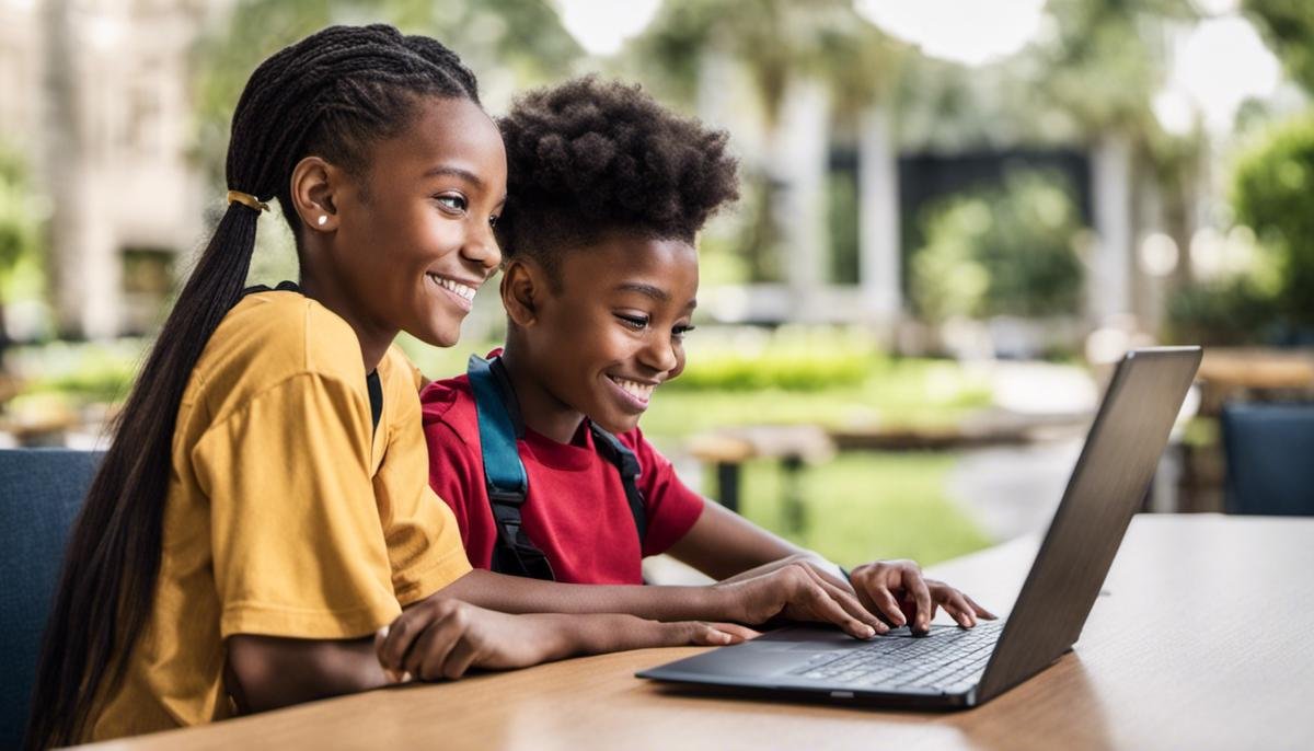 Two students discussing a laptop, representing the benefits of cyber schooling for flexible education schedules, personalized learning plans, and access to a wide variety of learning resources.
